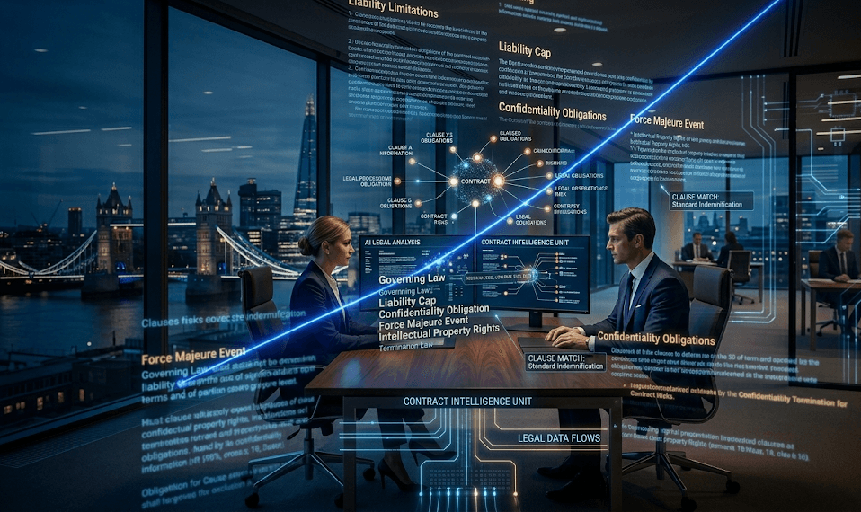Three-panel layout mapping contract terms, diligence grids, and matter deadlines